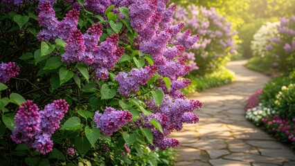 Serene garden path with blooming purple lilacs in sunlit morning