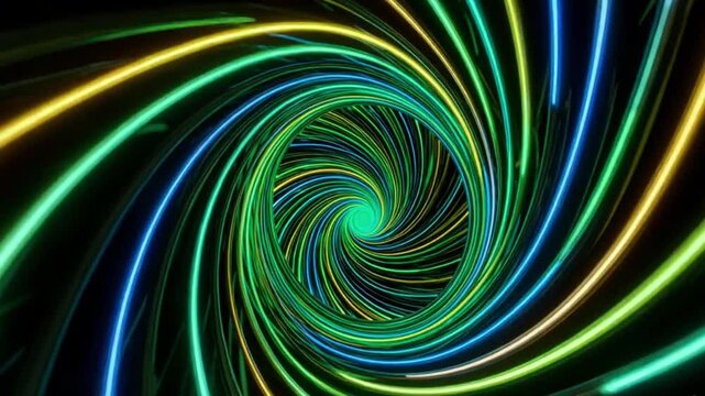 Futuristic metal tunnel with a gradient neon spiral running through it, creating a glowing, immersive, and dynamic background. Sleek metallic textures combined with vibrant neon colors for a modern sc