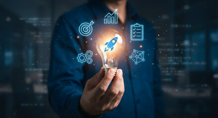 Innovative Business Strategy Concept with Rocket Launch and Digital Growth Icons