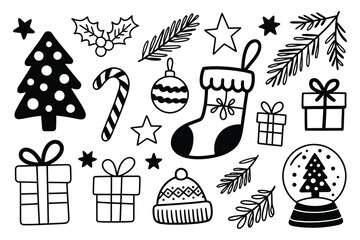 Assorted christmas themed doodle icons on white background
