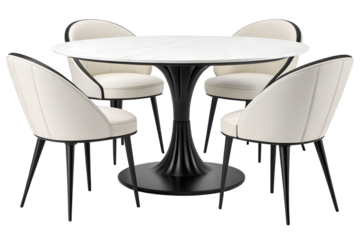 Elegant four seat dining set featuring a white marble tulip table base and cream upholstered chairs