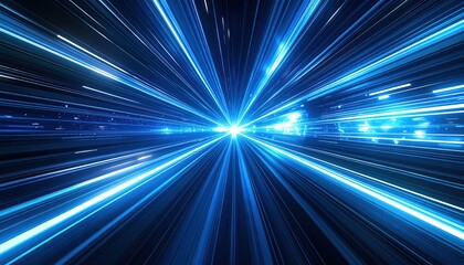 Abstract bright blue light streaks, converging from all directions to a point