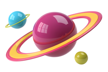 Vibrant 3d rendering of stylized planets with bright rings floating in a dark void of space