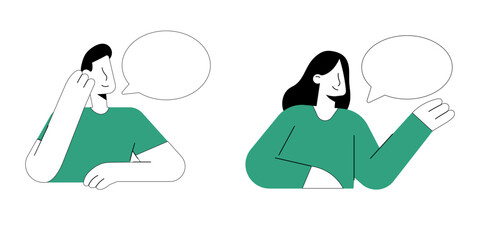 Set of Man and Woman Talking with Speech Bubble, Flat Design Communication Illustration.