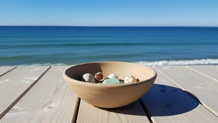 Bowl of shells on a sunlit wooden deck overlooking a calm blue ocean under a clear sky