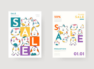 Playful flash sale advertisement posters with whimsical cartoon characters. Modern design for social media, print, poster, ads, banner, cover.