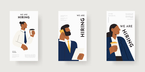 We are hiring poster set with business people flat design illustration