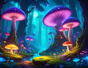 An enchanting forest scene showcasing glowing, oversized mushrooms alongside a small, flowing stream beneath a bright moon