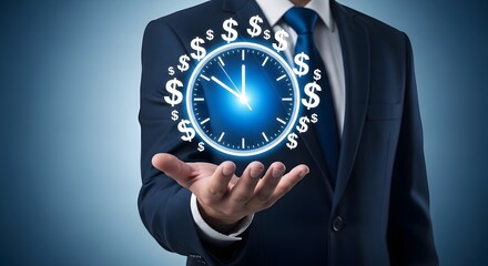 Business professional presenting a glowing clock surrounded by dollar signs