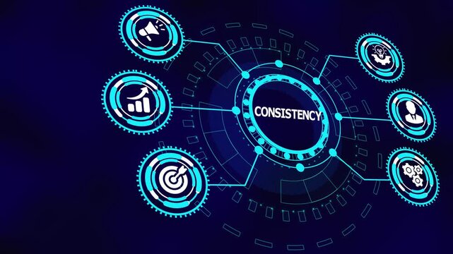 Business consistency concept with digital icons showing stable performance tracking, analytics control, quality assurance, and reliable execution systems.