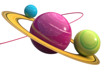 Abstract 3d rendering of colorful glossy planets with golden rings orbiting in deep black space