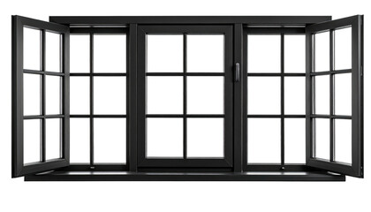 Black-framed window unit with two opened side windows and a fixed center, against a black backdrop