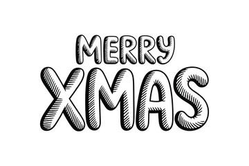 Merry xmas text in black and white doodle style drawing art