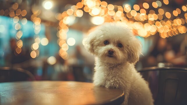 Adorable fluffy white poodle dog sitting at a table with bokeh lights in the background.