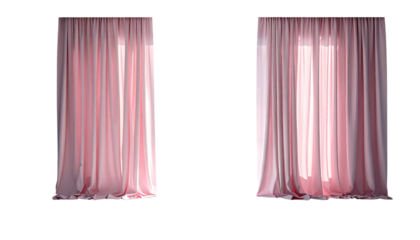 Pair of soft pink curtains with slight folds and bright light streaming in, against a dark background