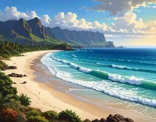 Animated shoreline scene featuring turquoise waves crashing onto a sandy beach with mountains in the background, under a bright sky