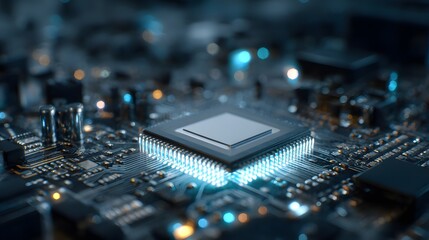 Advanced Microprocessor with Glowing Blue Lights on a Circuit Board.