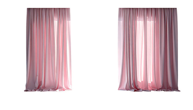 Pair of soft pink curtains with slight folds and bright light streaming in, against a dark background