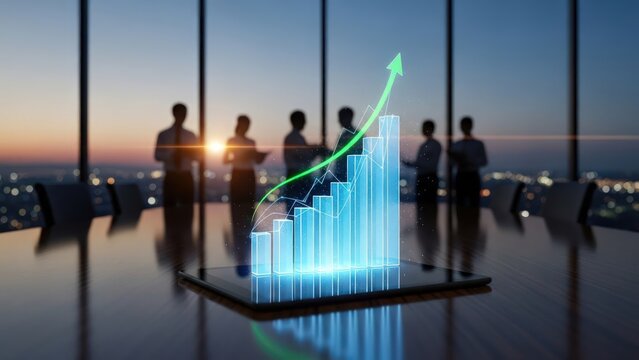 A glowing bar graph with an upward arrow on a tablet, viewed by blurred business team at dusk - Powered by Adobe