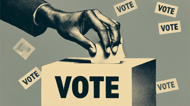 Vintage Voting Illustration of Hand Casting Ballot into Box with Vote Text, Democratic Election Concept