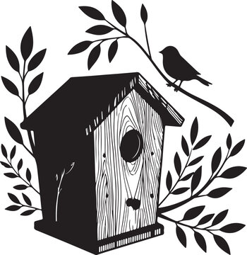 Wooden birdhouse in garden with small hole and roof surrounded by trees and nature solid white background silhouette