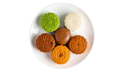 Top-down view of a white plate holding six decorative, multi-colored, round mooncakes on a black background