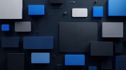 Top view 3d render of empty floating panels and shapes. Abstract technology background in blue and grey. Modern corporate design with copy space for text