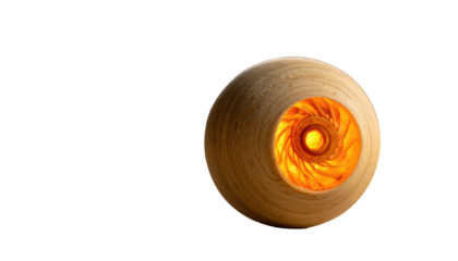 A wooden sphere with a complex, illuminated interior core sits against a stark black background