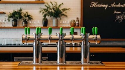Shiny chrome beverage taps with green handles line a wooden bar, a blurred background shows shelves and a menu board