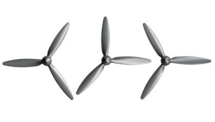 Trio of gray propellers, each angled differently, against a black backdrop; industrial, mechanical, abstract composition