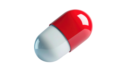 Red and white capsule pill on black background, angled shot