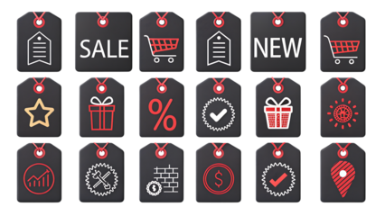 Collection of modern sale and shopping icons on dark background