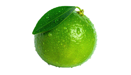 A vibrant, close-up photograph showcasing a juicy, perfectly formed citrus fruit with a single green leaf. Water droplets glisten on its skin