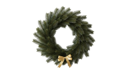 Green Christmas wreath with gold bow on black background