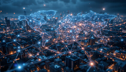 Global cityscape with glowing connections and modern infrastructure