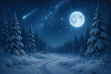 Snowy night forest path with falling snow and evergreen trees