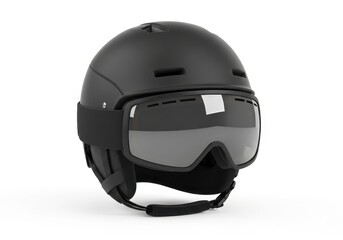 Fototapeta premium Sleek matte black winter sports helmet paired with protective eyewear is isolated on white