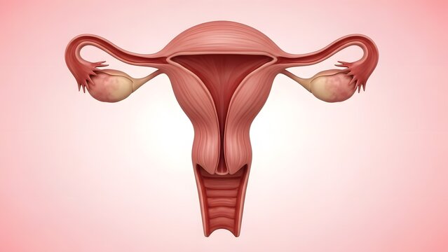 Ultra-detailed 3D render of a human uterus, showing clear anatomical structures, including the uterine walls, cervix, and fallopian tubes. Realistic textures and soft pink background, high-resolution 