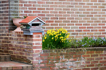 Charming brick wall and corner with a decorative mailbox, vibrant yellow daffodils, and delicate blue flowers in bloom, creating a picturesque springtime garden scene.