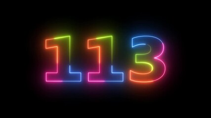 Number 113 neon glowing on black background
