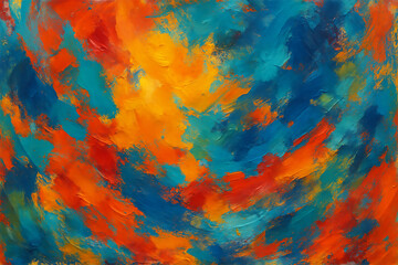 Abstract vibrant brushstrokes in red, orange, teal and blue