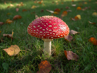 Fly Agaric Mushrooms / Fungi in Nature, fly agaric mushroom on green grass background