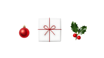Red bauble white gift box and holly with berries christmas