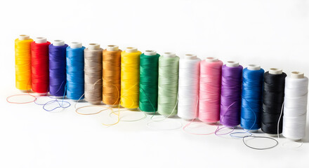 Large set of colorful sewing thread spools in a row isolated on white background
