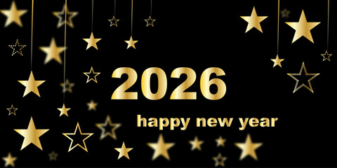 Luxury New Year 2026 background with black backdrop, glowing gold stars, elegant typography, festive sparkle, premium celebration mood, classy and glamorous design.