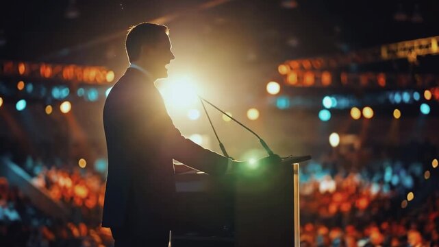 Silhouette of a speaker giving a speech on stage at a conference. A male leader at a podium addressing a large audience. Public speaking and leadership concept
