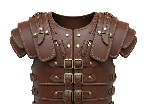 Ornate brown leather body armor featuring layered shoulder pauldrons and multiple buckled straps