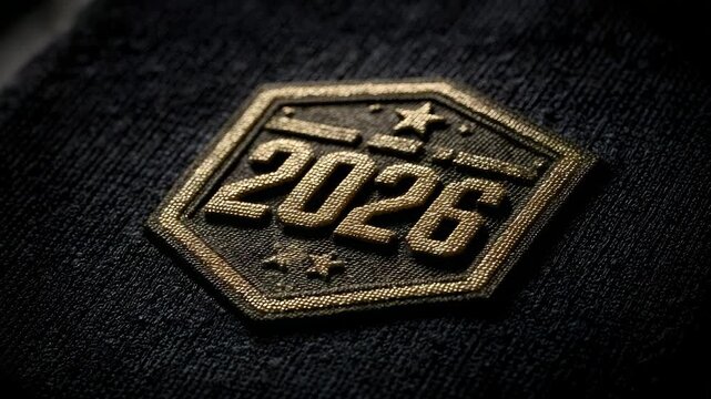 Golden 2026 emblem badge with stars embossed on dark textured fabric, close-up shot, symbolizing future, achievement, or event branding