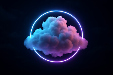 Neon circle framing a fluffy cumulus cloud with blue-purple glow on dark background