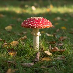 Fly Agaric Mushrooms / Fungi in Nature, fly agaric mushroom on green grass background